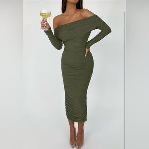 Olive One-Shoulder Ruched Midi Dress